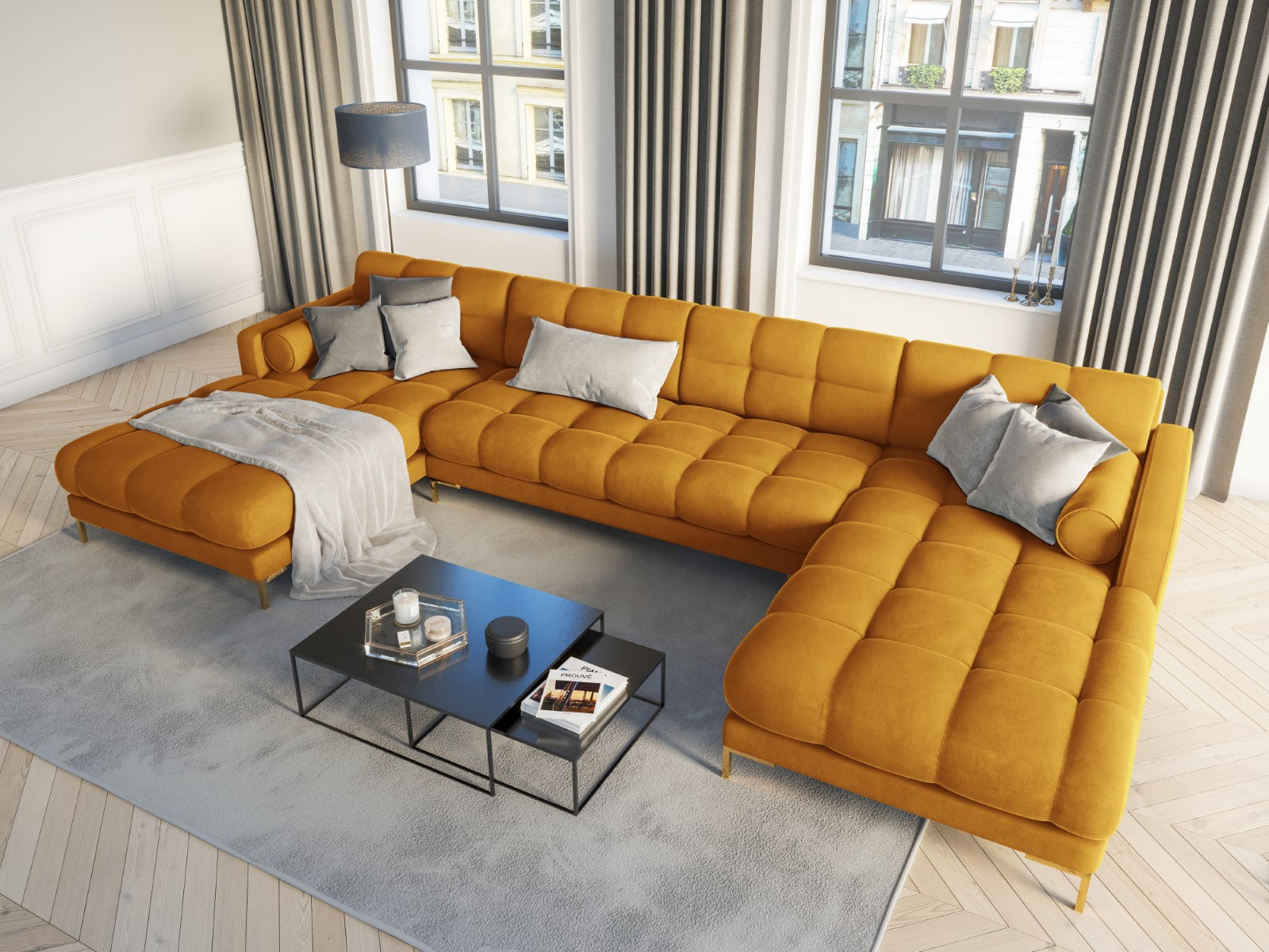 Cosmopolitan Design - Divano panoramico "Bali" 7 posti in velluto giallo 