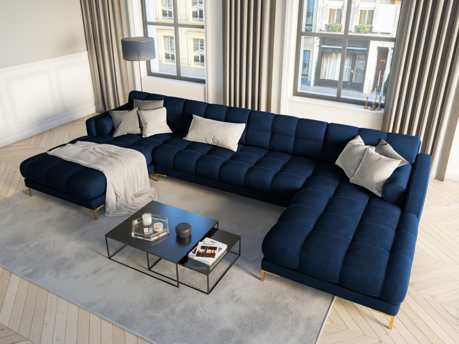 Cosmopolitan Design - Divano panoramico "Bali" 7 posti in velluto blu reale 