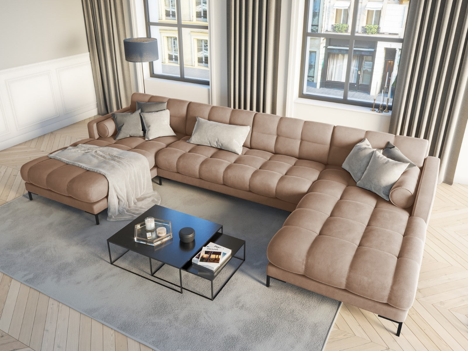 Cosmopolitan Design - Divano panoramico "Bali" 7 posti in velluto beige 