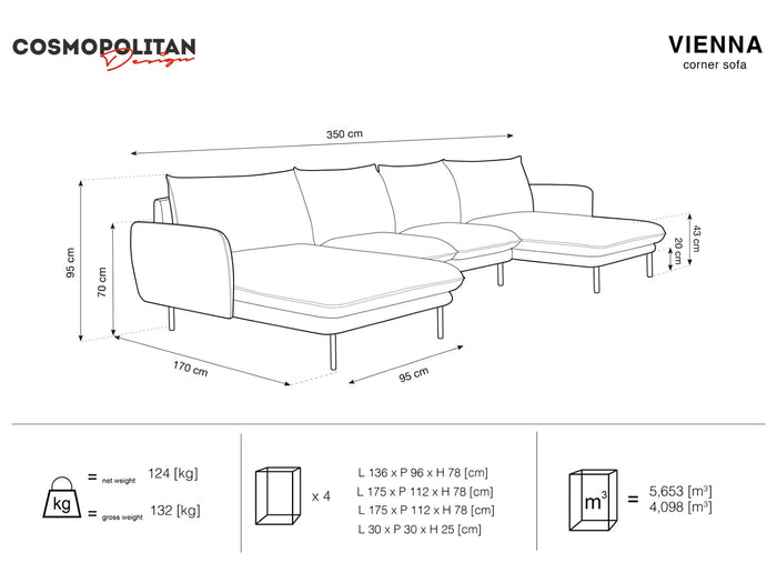 Cosmopolitan Design - Divano panoramico "Vienna" 6 posti in tessuto strutturato beige chiaro 