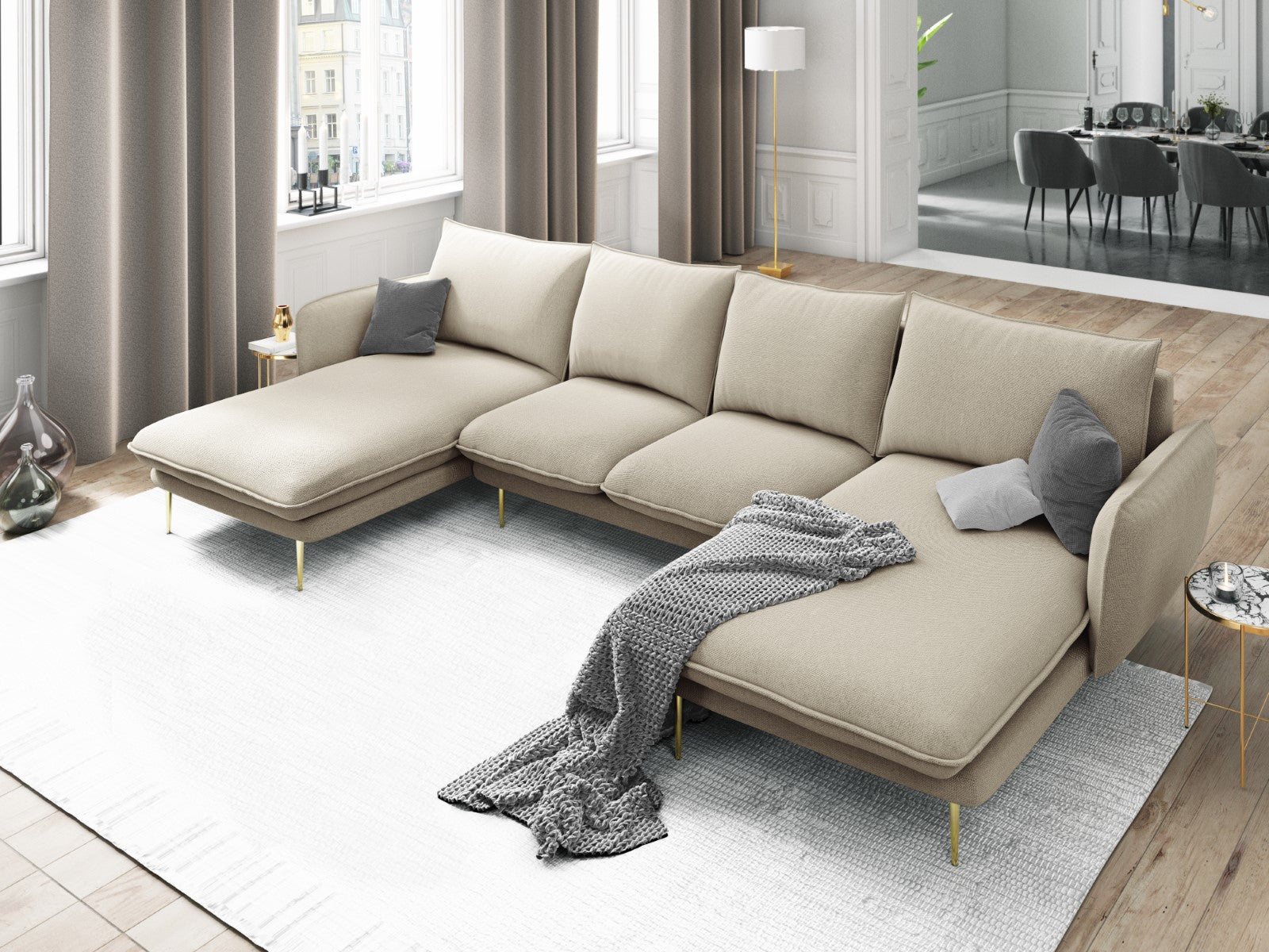 Cosmopolitan Design - Divano panoramico "Vienna" 6 posti in tessuto strutturato beige 