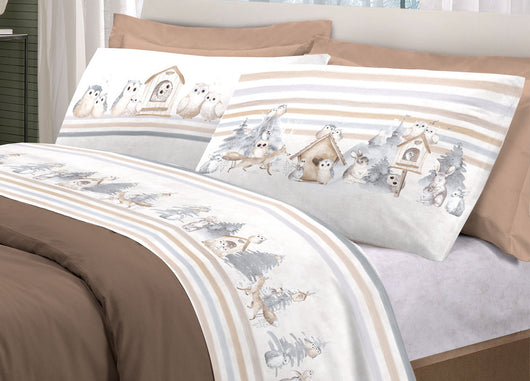 Completo Lenzuola Letto Pensieri Delicati 100% Cotone Disegno Gufi - Matrimoniale - Beige
