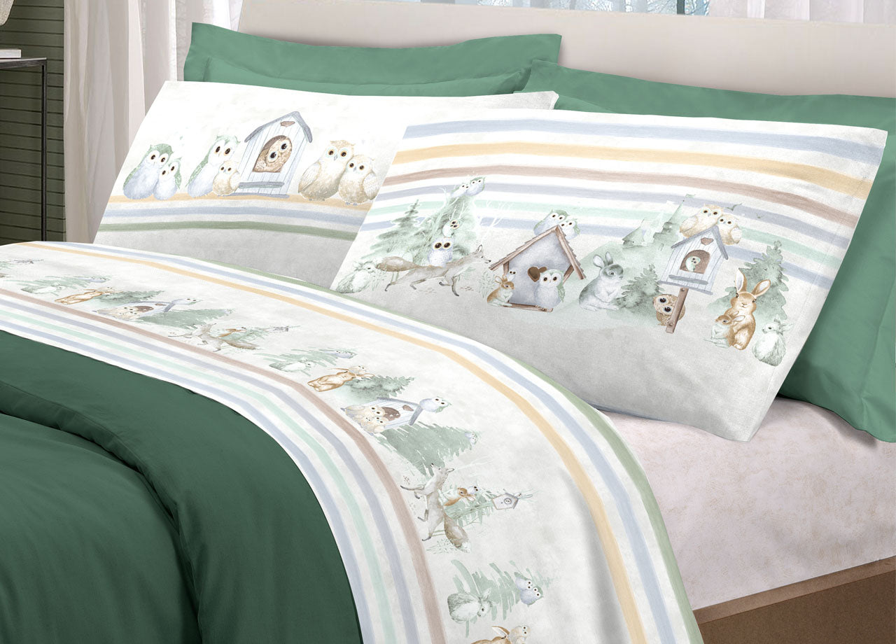 Completo Lenzuola Letto Pensieri Delicati 100% Cotone Disegno Gufi - Piazza E Mezza - Verde