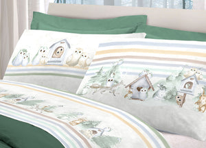 Completo Lenzuola Letto Pensieri Delicati 100% Cotone Disegno Gufi - Piazza E Mezza - Verde