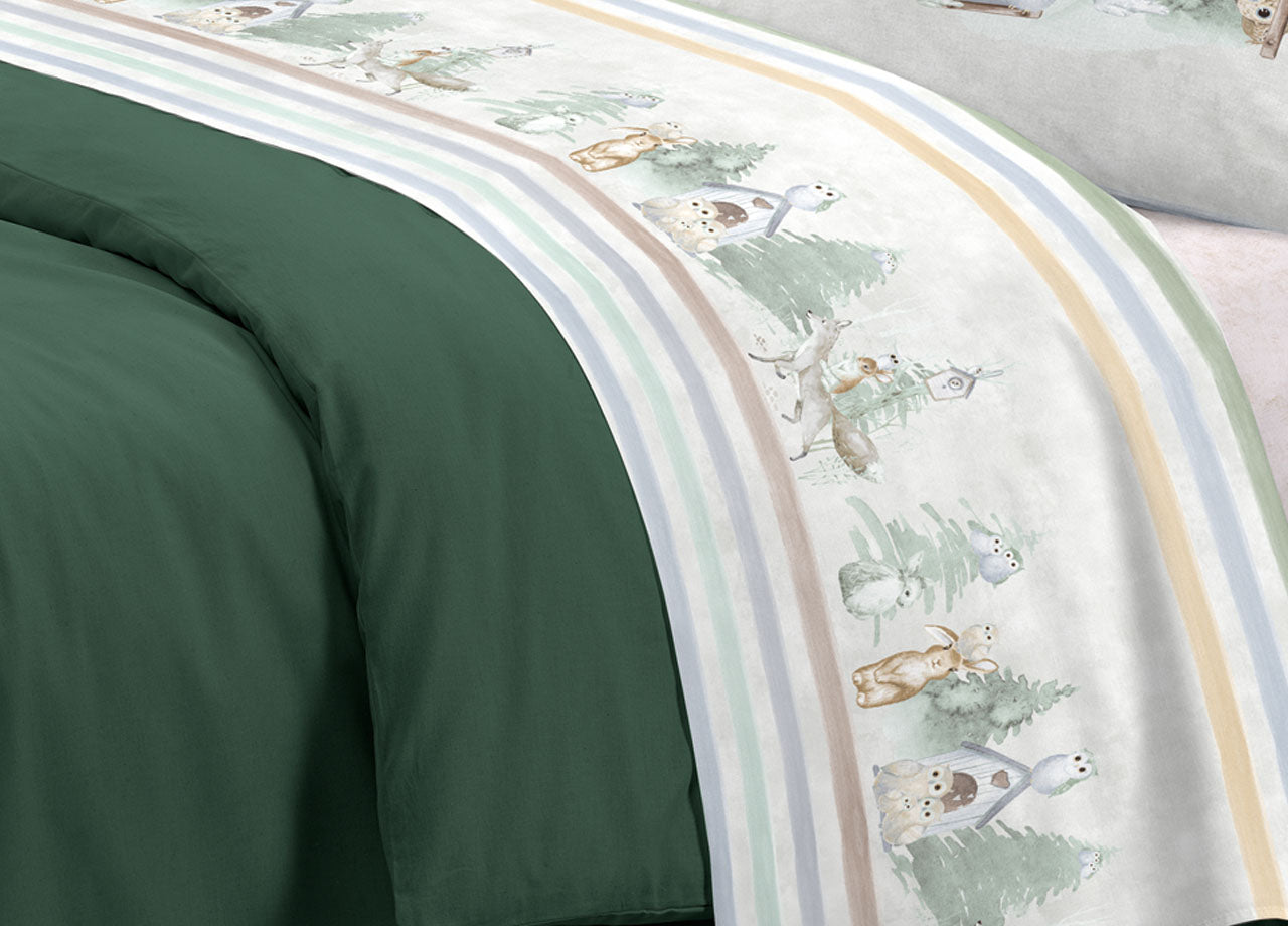 Completo Lenzuola Letto Pensieri Delicati 100% Cotone Disegno Gufi - Singolo - Verde
