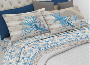 Completo Lenzuola Letto Pensieri Delicati 100% Cotone Dis. Marina New - Matrimoniale - Azzurro