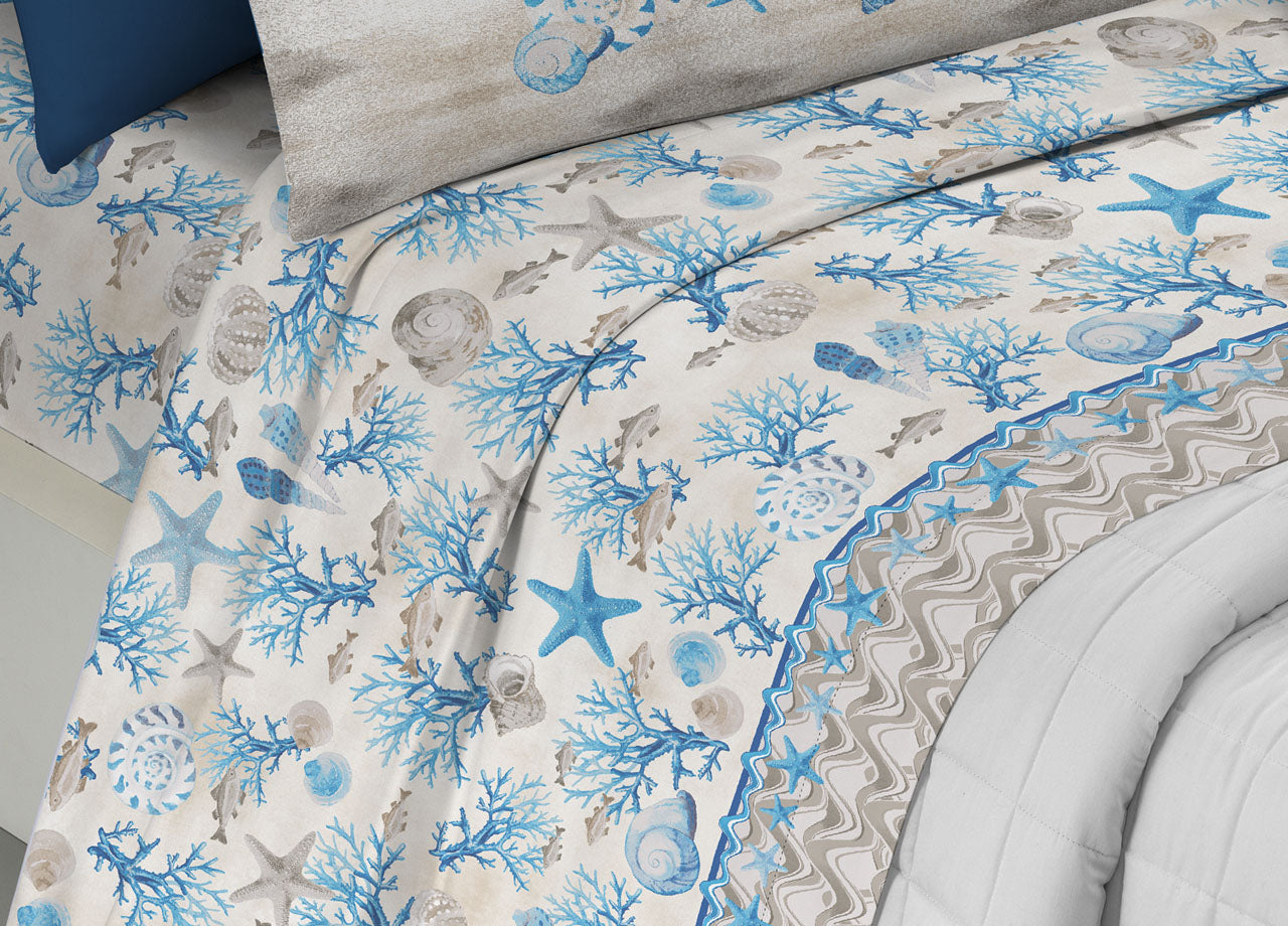 Completo Lenzuola Letto Pensieri Delicati 100% Cotone Dis. Marina New - Matrimoniale - Azzurro
