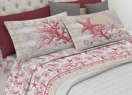Completo Lenzuola Letto Pensieri Delicati 100% Cotone Dis. Marina New - Singolo - Rosso