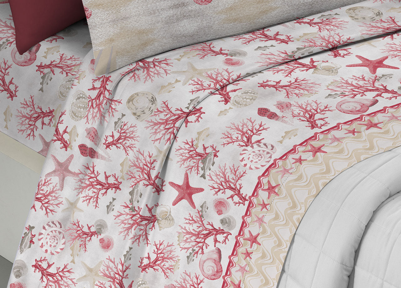 Completo Lenzuola Letto Pensieri Delicati 100% Cotone Dis. Marina New - Singolo - Rosso