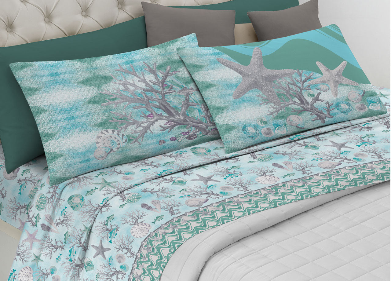 Completo Lenzuola Letto Pensieri Delicati 100% Cotone Dis. Marina New - Singolo - Verde
