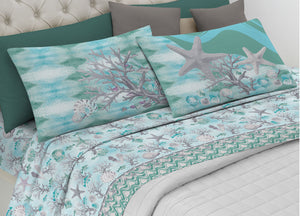 Completo Lenzuola Letto Pensieri Delicati 100% Cotone Dis. Marina New - Singolo - Verde