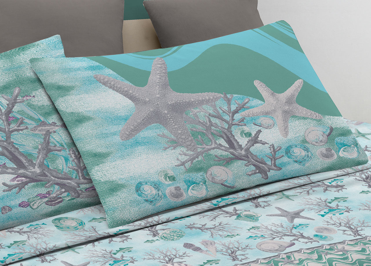 Completo Lenzuola Letto Pensieri Delicati 100% Cotone Dis. Marina New - Singolo - Verde