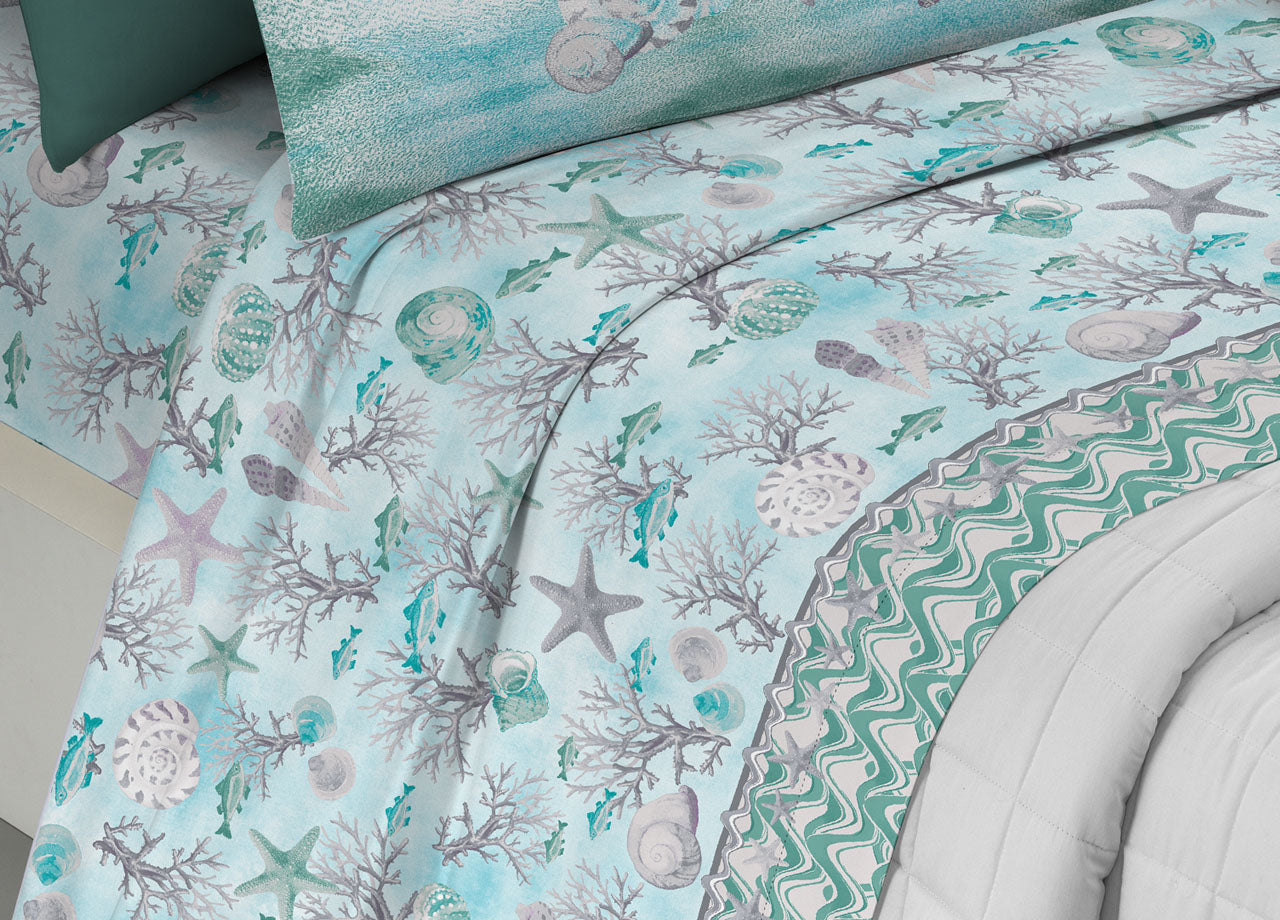 Completo Lenzuola Letto Pensieri Delicati 100% Cotone Dis. Marina New - Singolo - Verde