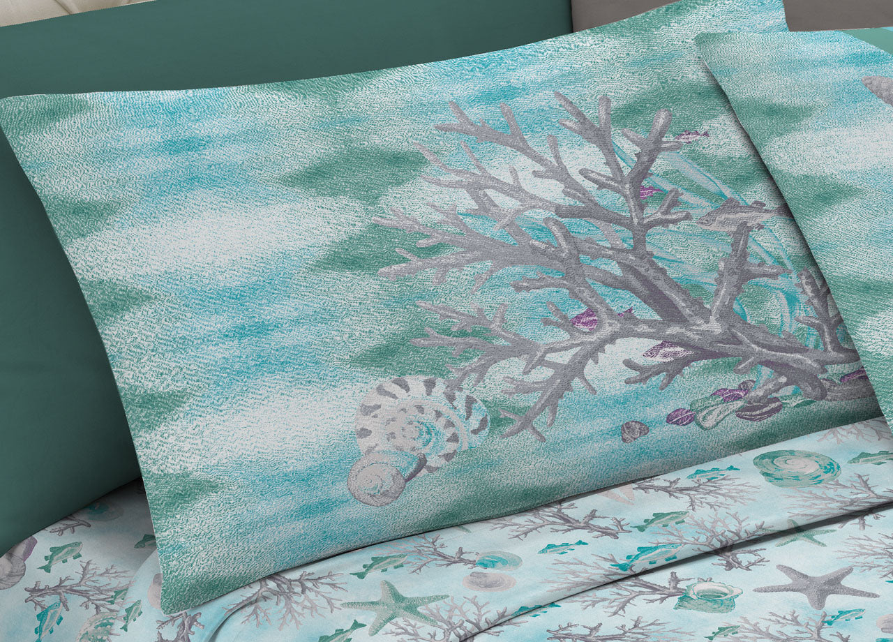 Completo Lenzuola Letto Pensieri Delicati 100% Cotone Dis. Marina New - Singolo - Verde