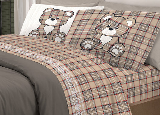 Completo Lenzuola Linea Pensieri Delicati 100% Cotone Disegno Orsetto Tartan - Piazza E Mezza - Beige