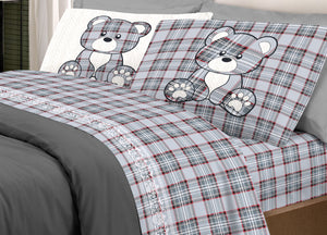 Completo Lenzuola Linea Pensieri Delicati 100% Cotone Disegno Orsetto Tartan - Piazza E Mezza - Grigio