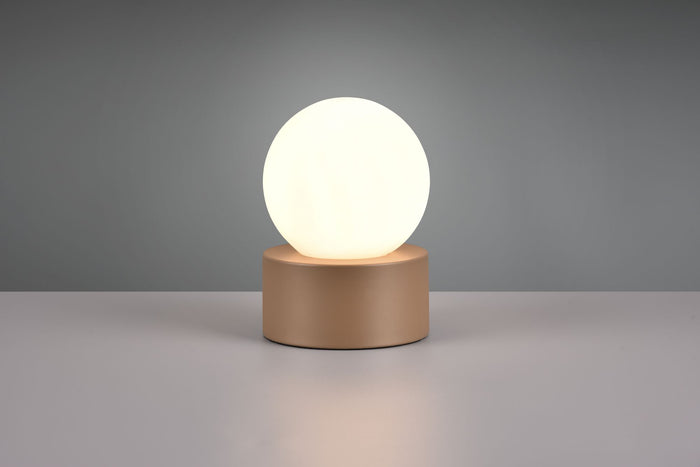 COUNTESS LAMPADA DA TAVOLO BASE METALLO EFFETTO LEGNO E VETRO SFERA BIANCO ACCENSIONE TOUCH H. 17CM 1 LUCE ATTACCO E14