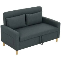 Divano 2 Posti con Spazio Portaoggetti e Cuscini, in Tessuto Effetto Lino e Legno, 135x72x84 cm, Grigio Carbone