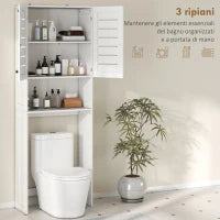 Mobile Sopra WC con Armadietto a 2 Ante e Ripiano Aperto, in Legno Bianco, 67x31.5x190 cm
