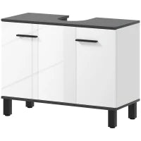 Mobile Sottolavabo Bagno con Armadietto 2 Ante e Ripiano Regolabile, 80x34x60 cm, Bianco Lucido