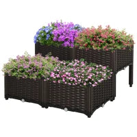 Set 4 Pezzi Fioriere da Esterno Autoirriganti Rialzate Letto da Giardino Rialzato per Fiori Effetto Rattan in PP, Marrone