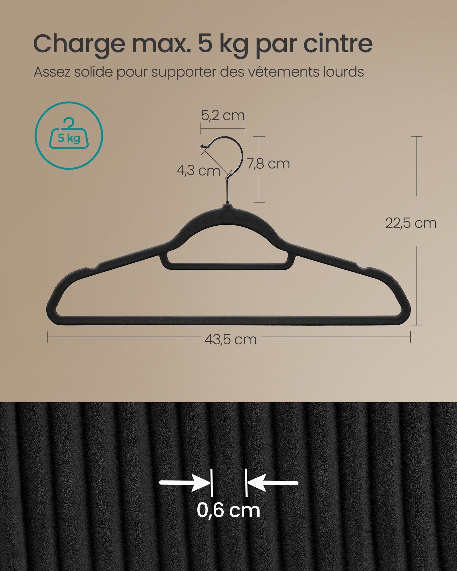 Grucce in velluto confezione da 50 antiscivolo con ganci girevoli lunghezza 45 cm per cappotti abiti pantaloni cravatte nero 12_0005078