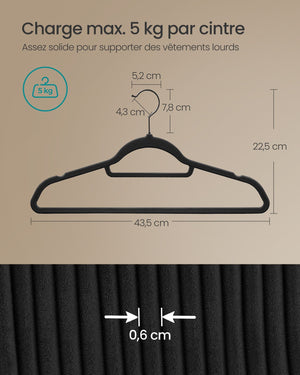 Grucce in velluto confezione da 50 antiscivolo con ganci girevoli lunghezza 45 cm per cappotti abiti pantaloni cravatte nero 12_0005078