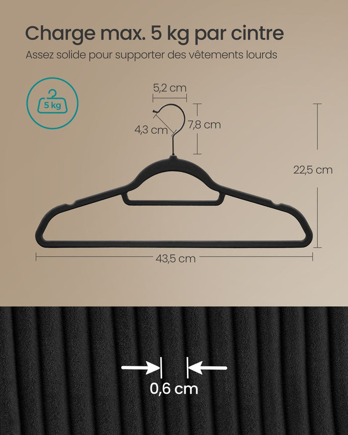 Grucce in velluto confezione da 50 antiscivolo con ganci girevoli lunghezza 45 cm per cappotti abiti pantaloni cravatte nero 12_0005078