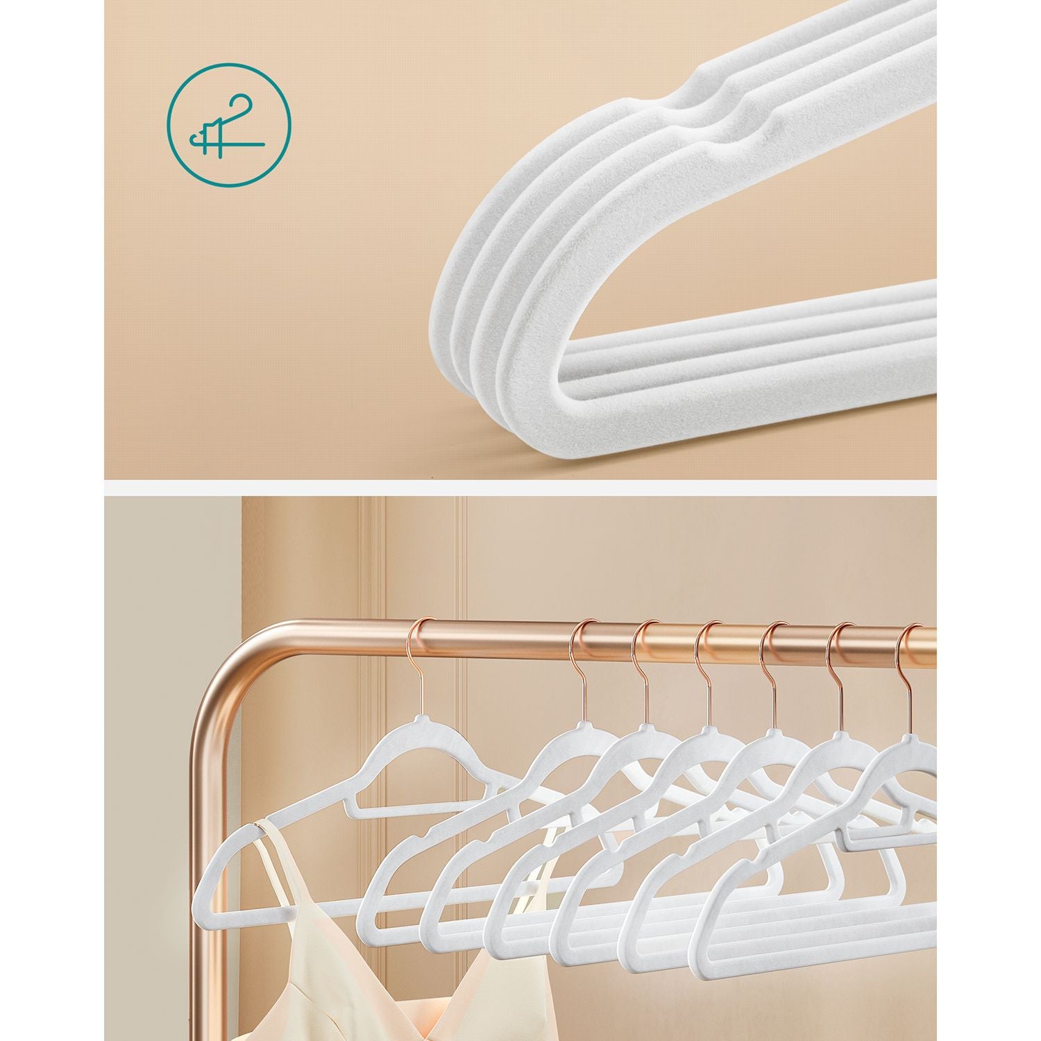 Set di 30 grucce in velluto antiscivolo con ganci girevoli color oro rosa lunghezza 45 cm per cappotti abiti pantaloni cravatte bianco 12_0005077