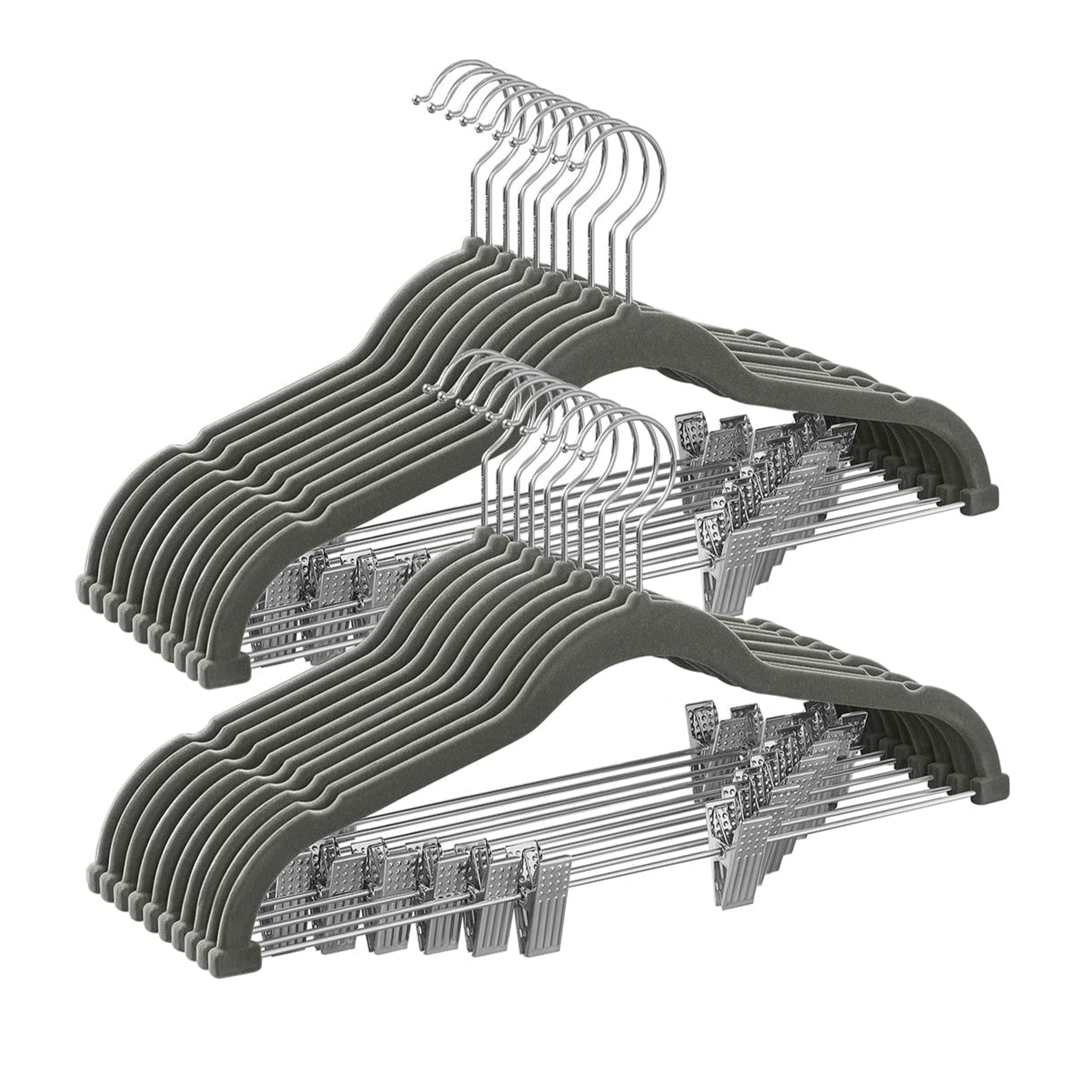 Confezione da 12 grucce in velluto per pantaloni con clip removibili antiscivolo salvaspazio modello per adulti per abiti cappotti top con cinghie grigio 12_0006182