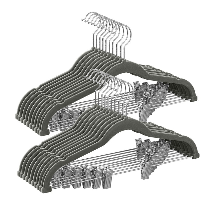 Confezione da 12 grucce in velluto per pantaloni con clip removibili antiscivolo salvaspazio modello per adulti per abiti cappotti top con cinghie grigio 12_0006182