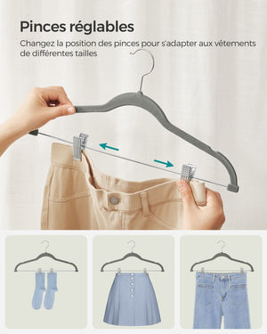 Confezione da 12 grucce in velluto per pantaloni con clip removibili antiscivolo salvaspazio modello per adulti per abiti cappotti top con cinghie grigio 12_0006182