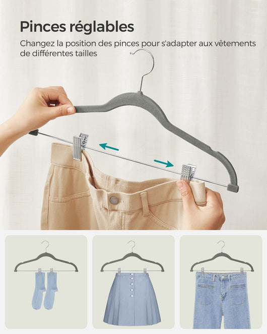 Confezione da 12 grucce in velluto per pantaloni con clip removibili antiscivolo salvaspazio modello per adulti per abiti cappotti top con cinghie grigio 12_0006182