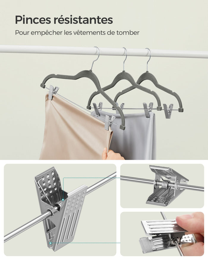 Confezione da 12 grucce in velluto per pantaloni con clip removibili antiscivolo salvaspazio modello per adulti per abiti cappotti top con cinghie grigio 12_0006182