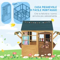 Casetta per Bambini 3-8 Anni con 5 Finestre e 2 Lavagne, in Legno di Abete, 173x117x144 cm, Marrone e Blu