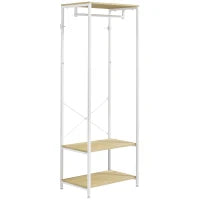 Appendiabiti con Sospensione e 2 Scaffali per Scarpe, 60L x 40P x 167,5A cm, Effetto Legno Chiaro e Metallo Bianco