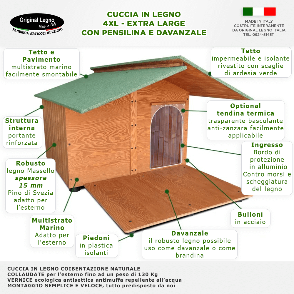 CUCCIA IN LEGNO DA ESTERNO MODELLO 4XL GIGANTE DAVANZALE E PENSILINA CON "TENDINA OMAGGIO" L.150 x P.190 x H.115