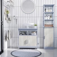 kleankin Mobile Sottolavabo Bagno con Armadietto e Ripiano Aperto, 60x30x62cm, Grigio e Legno Naturale