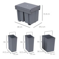 Pattumiera Estraibile da 40L con 3 Contenitori per Raccolta Differenziata, 48x34.2x41.8 cm, Grigio
