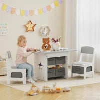 Set Tavolo e Sedie per Bambini 3-8 Anni con 6 Cassetti e Bordi Arrotondati, in Legno e Tessuto, Grigio e Bianco