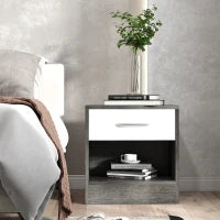 Comodino Moderno con Ripiano Aperto e Cassetto, in Legno, 39x28x41 cm, Bianco e Grigio Scuro