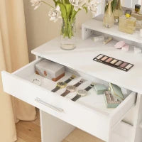 Toeletta da Camera con Armadietto, Cassetto, Specchio per Trucco e Ripiani Aperti, 90x38x138 cm, Bianco