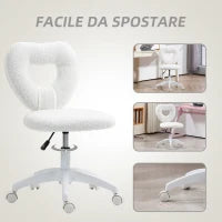 Sedia da Ufficio Imbottita con Schienale a Cuore e Rotelle, in Velluto Teddy e Plastica, 45x56x78-88 cm, Bianco