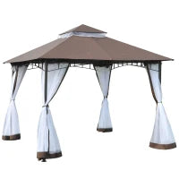Gazebo da Giardino 3x3m con Zanzariera, Tetto a 2 Livelli e Struttura in Metallo Marrone