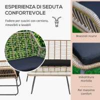 Set Mobili da Giardino Stile Boho in Rattan PE con 2 Poltrone, Divanetto e Tavolino