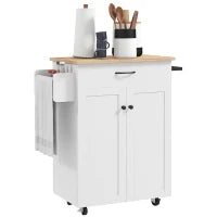 Isola da cucina con ruote piano in legno di eucalipto con cassetto armadio 2 porte 83 x 45 x 91,5 cm bianco