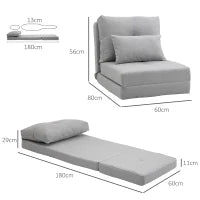 Poltrona Letto 3 in 1 Convertibile in Chaise Longue e Divano da Terra con 2 Cuscini, Grigio Chiaro