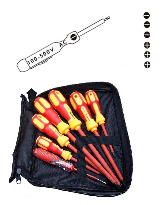 Cacciaviti isolati per elettricista set 7pz punta magnetica cerca fase + borsa