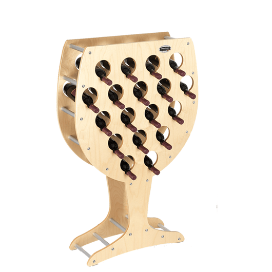 CANTINETTA IN LEGNO PORTA BOTTIGLIE VINO MODELLO CALICE 18 BOTTIGLIE FINITURA ACERO L.75 x P,25 x H.120 100% FABBRICATO IN ITALIA