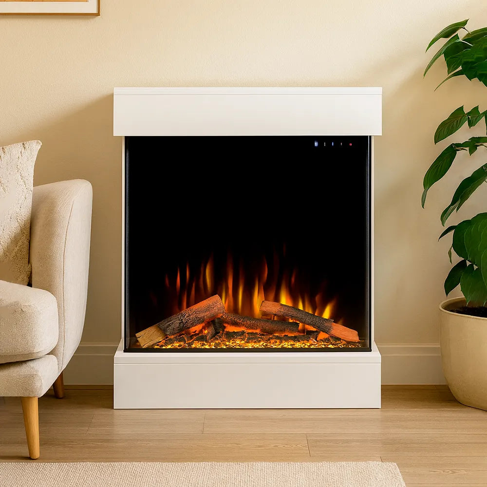 Tempo Style - Caminetto elettrico CALLIOPE Bianco con cornice in legno MDF effetto fuoco reale 750 - 1.500 W